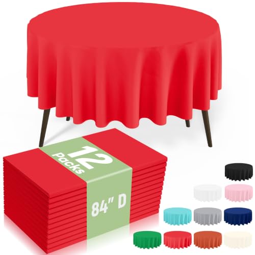 Image of misaya 12 Packs Disposable Plastic Table Cloth, 84 inch Round Waterproof Tablecloth, Leakproof & Sturdy Decorative Table Covers for Picnic, Party, Outdoor and Back to School, Red