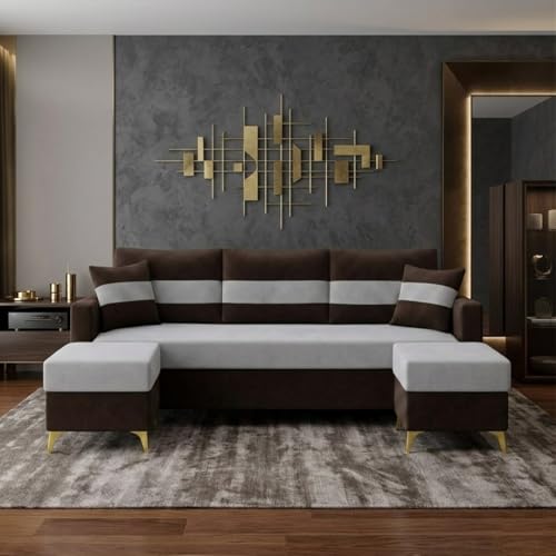 Image of SOCOZI Bastian 5 Seater L Shape Sofa Set with 2 Movable Ottomans | Flexible Layout| Soft Velvet Suede Fabric|Modern Sofa with Golden Legs|Comfort Cushions for Living Room (Dark Brown-Light Grey)
