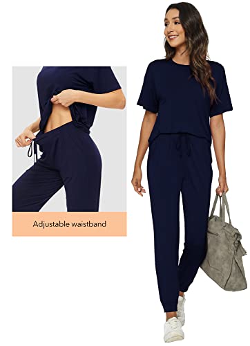 WiWi Women's Short Sleeve Tracksuit Set Viscose from Bamboo Loungewear 2 Piece Outfit Long Pants Jogger Sets S-XXL4