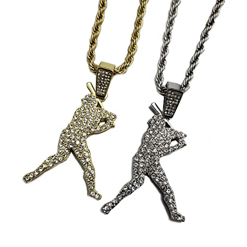 Iced Lab Diamond Gold Silver Plated Baseball Hitter Pendant & 4mm 24