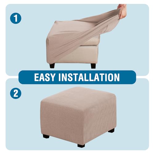 Image of H.VERSAILTEX Ottoman Cover Slipcover Rectangle Fit Length 35 inch-45 inch Footrest Sofa Slipcovers Stool Cover Footstool Protector Covers Feature Stretch Thick Soft Jacquard Fabric Removable Washable - Sand