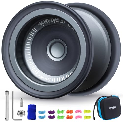 MAGICYOYO V13 Bi-Material Yoyo for Kids 8-12, Dual-Function Yoyo Professional for Responsive and Unresponsive Yo-yo Tricks with 12 Yoyos Strings, Blue Finger Brace, Bearing Kit (Grey+Black Rings)