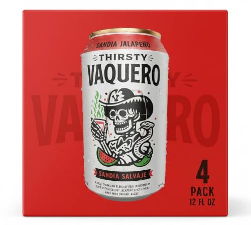 Image of Thirsty Vaquero, Watermelon Jalapeno Flavored soda (Sandia Salvaje), Mexican-inspired soda, Real Fruit Juice & Savory Spices, Made with Organic Agave, Low Calorie, Natural Juice, 12 oz Cans, 4-Pack