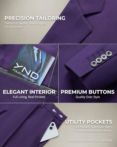 Image of YND Men's 3 Piece Suit with Tie, Solid Color Slim Fit Jacket Vest and Pants