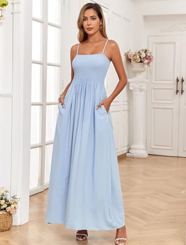 Image of Women Detachable Strap Beach Dress Strapless Smocked Pockets Maxi Dress | Removable Straps Flowy Swing A Line Maxi Beach Dress Boho Vacation Casual Smocked Strapless Beach Wedding Guest Sundress