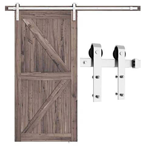 SMARTSTANDARD 7 Feet Brushed Nickel Barn Door Hardware Kit-Heavy Duty Sliding Track-Smoothly and Quietly-Easy to Install-Fit 42" Wide Door Panel (J Shape Hanger) Cover