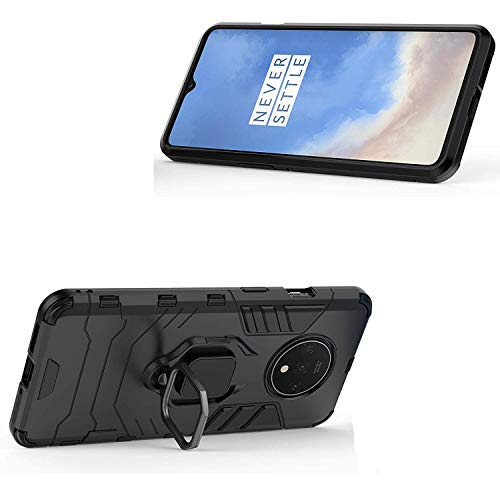 Image of WOW IMAGINE Shock Proof Back Case Mobile Cover for 1+ OnePlus 7T (Armor | Hybrid PC + TPU | Full Protection with Ring Holder Kickstand | Carbon Black)