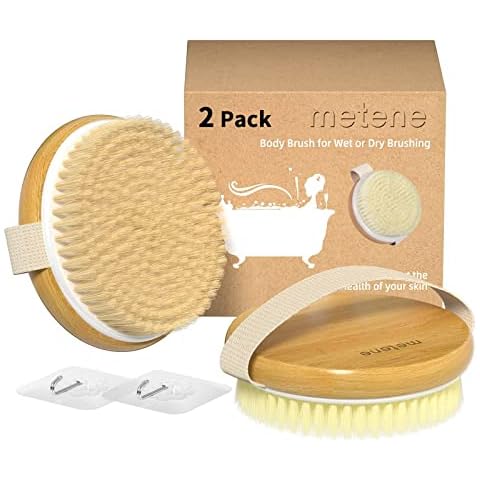 Metene 2 Pack Bamboo Dry Body Brushes, Shower Brush Wet and Dry Brushing, Dry Brush for Cellulite and Lymphatic, Body Scrubber with Soft and Stiff Bristles, Suitable for All Kinds of Skin Cover