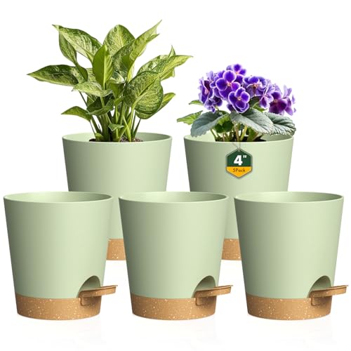 Homeuouz 10cm Self Watering Plant Pots, 5 Pack Plastic Self Watering Planter with Drainage Holes & Saucer, Ideal for All Indoor Outdoor House Flowers and Plants(Green With Brown Drainage)