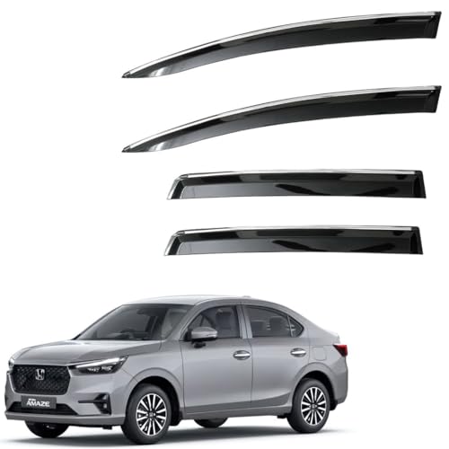 Image of CAR SAAZ Unbreakable Chrome Smoke Door Visor for Amaze (2024-Present)| Premium Sun, Rain Wind Deflector Chrome Strip Side Door Rain Visor - Set of 4 Pcs