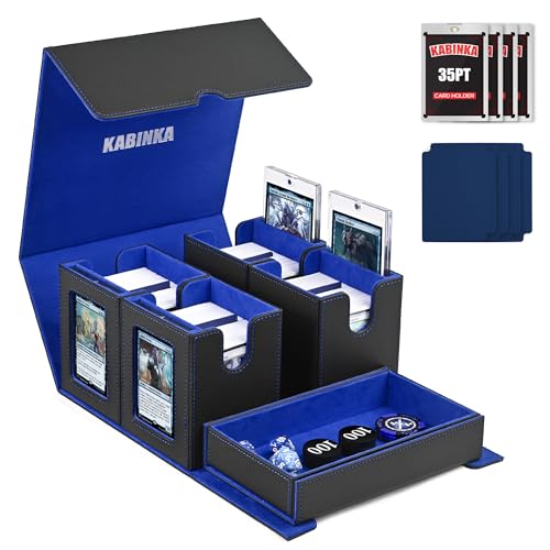 Image of Kabinka Card Deck Box for MTG Commander, Holds 400+ Double-Sleeved Cards, 5 IN 1 Detachable Card Case with Dice Tray, Fits Magic /TCG Cards, 4 Magnetic Card Holders & Dividers (Black Blue)
