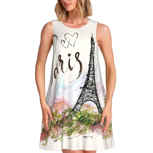 ENGhjes Vestido corto formal de la Torre Eiffel para mujer, sin mangas, cuello barco, línea A, elegante, mini vestido de cóctel, Negro, M