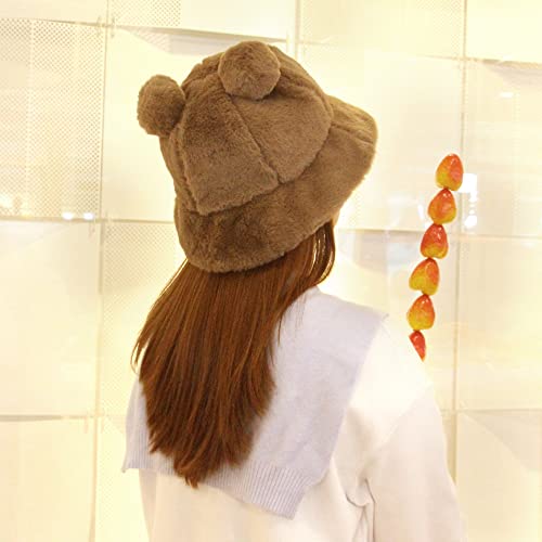 Haoohu Winter Bear Ear Bucket Hat Adults Faux Fur Bucket Hat Plush Cap Fisherman Beach Festival Sun Hat Dress Up Party Hat #TOP6