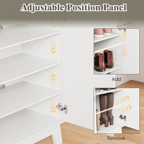 Image of Shoe Cabinet Storage for Entryway with Doors, 4 Tier Fluted Shoe Organizer with 2 Drawers, Entryway Shoe Storage with Adjustable Shelves, Freestanding Hidden Shoe Rack for Front Door Entrance, White