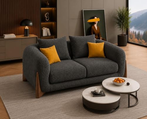 Image of Modern Sofa, Teddy Fabric, Chesterfield Style, Wooden Legs, for Living Room, Bedroom, Hallways (Dark Grey - 2 Seater)