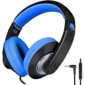 rockpapa casque audio enfant, casque filaire avec micro pour enfants, serre tête ajustable, avec volume limité à 85db, audio jack 3,5mm, pour pc tv tablette smartphone (noir bleu)
