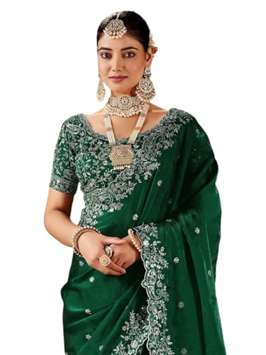 Image of SIRIL Women's Tissue Silk Sequence Embroidery Saree with Unstitched Blouse Piece