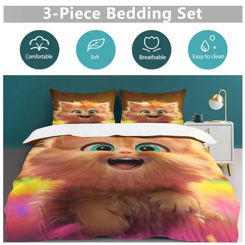 Housse de couette chat 220x240cm parure de lit 3 pièces douce