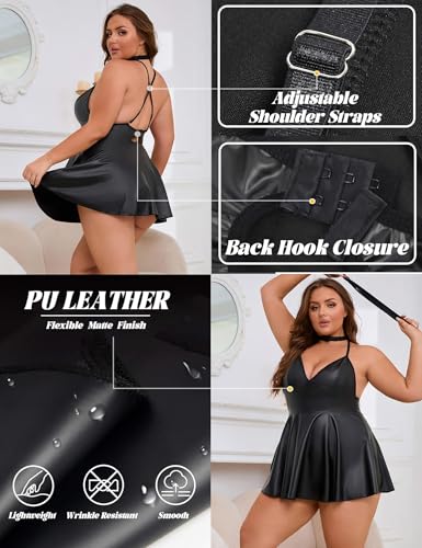 ohyeah Faux Leather Lingerie Set for Women Plus Size PU Lingerie V Neck Backless Babydoll Chemise Mini Lingerie Dress3