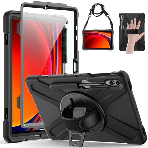 Gerutek Case for Samsung Galaxy Tab S10 Plus/S9 Plus/S9 FE Plus/S8 Plus/S7 Plus/S7 FE 12.4 inch Full-Body Drop Protective Case with Screen Protector Pencil Holder Rotating Hand Stand Strap Black