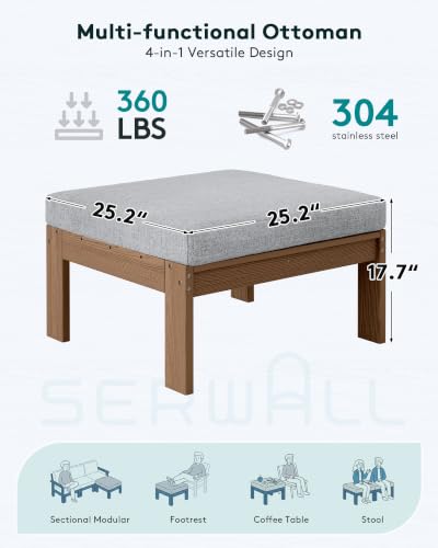Image of SERWALL HDPE Outdoor Ottoman with Cushions for Outdoo Sofa | Brown Frame & Gray Cushions