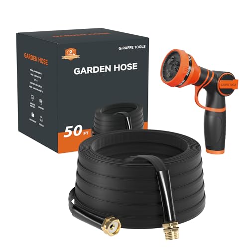 Giraffe Tools Garden Hose 50FT Lightweight Lay Flat Water Hose Kink Free Flexible Hose with 9 Spray Function Nozzle, Black