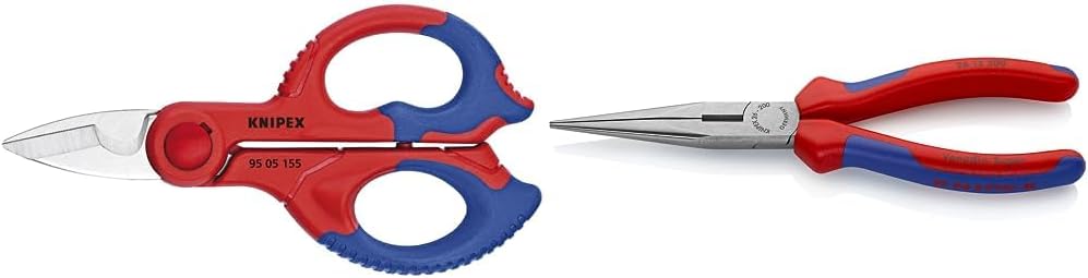 KNIPEX Tools Electrician's Shears (9505155SBA) and Long Nose Pliers With Cutter, Multi-Component (2612200) Bundle