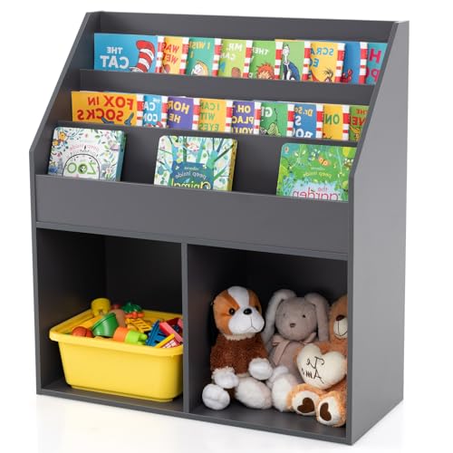AKUSTIK Kids Bookshelf with 2 Large Cubes, 2-in-1 Space Saving Book Rack for Kid’s Bedroom, Perfect Wooden Toy Storage Cabinet Organizers and 4 Stores Shelves for Boys and Girls (Gray)