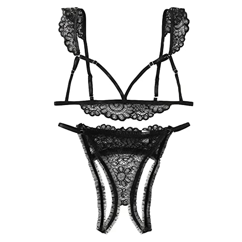 Générique Ensemble sous Vetement Femme Sexy érotique Sein Nu Soutien Gorge sans Armature Dentelle Dos Nu Tanga String Ouvert à l'entrejambe Femme...