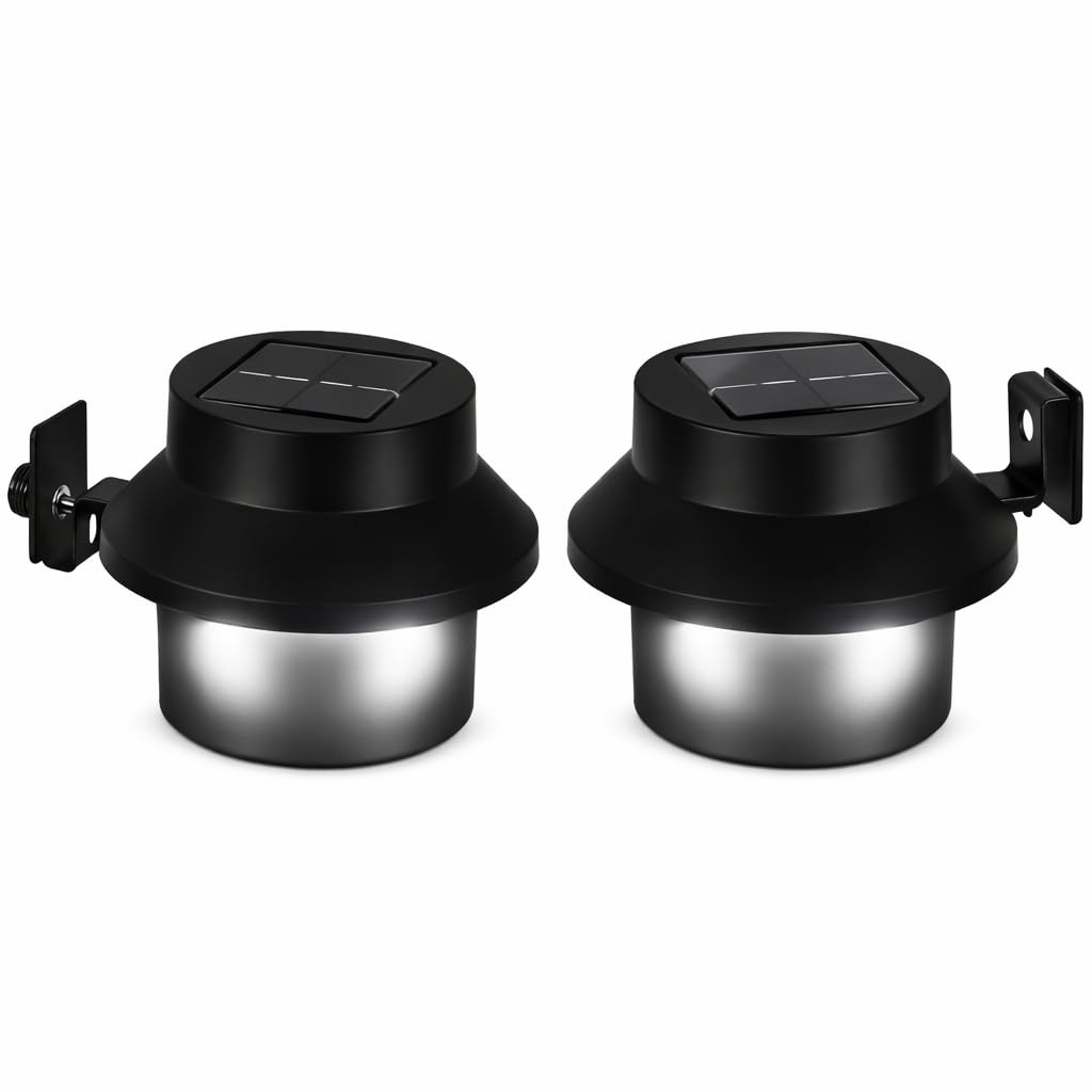 BURAKH 2 Pack Solar Gutter Lights Outdoor, LED Fence & Wall Lights with 3 Bright White LEDs, Waterproof Solar Powered Security Lights for Garden Fence Patio Yard (Pack of 2 Black)