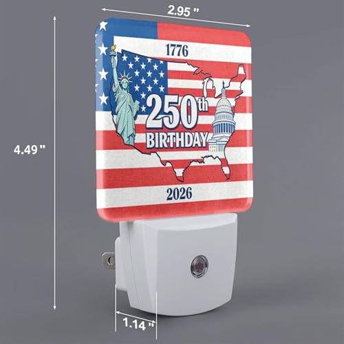 Image of 250 Years Birhtday of USA Night Light Set of 2, Patriotic Auto Sensor LED Dusk-to-Dawn Nightlights, Plug-in Sensor Lamp for Bedroom Bathroom Kitchen Hallway Stairs Decorative