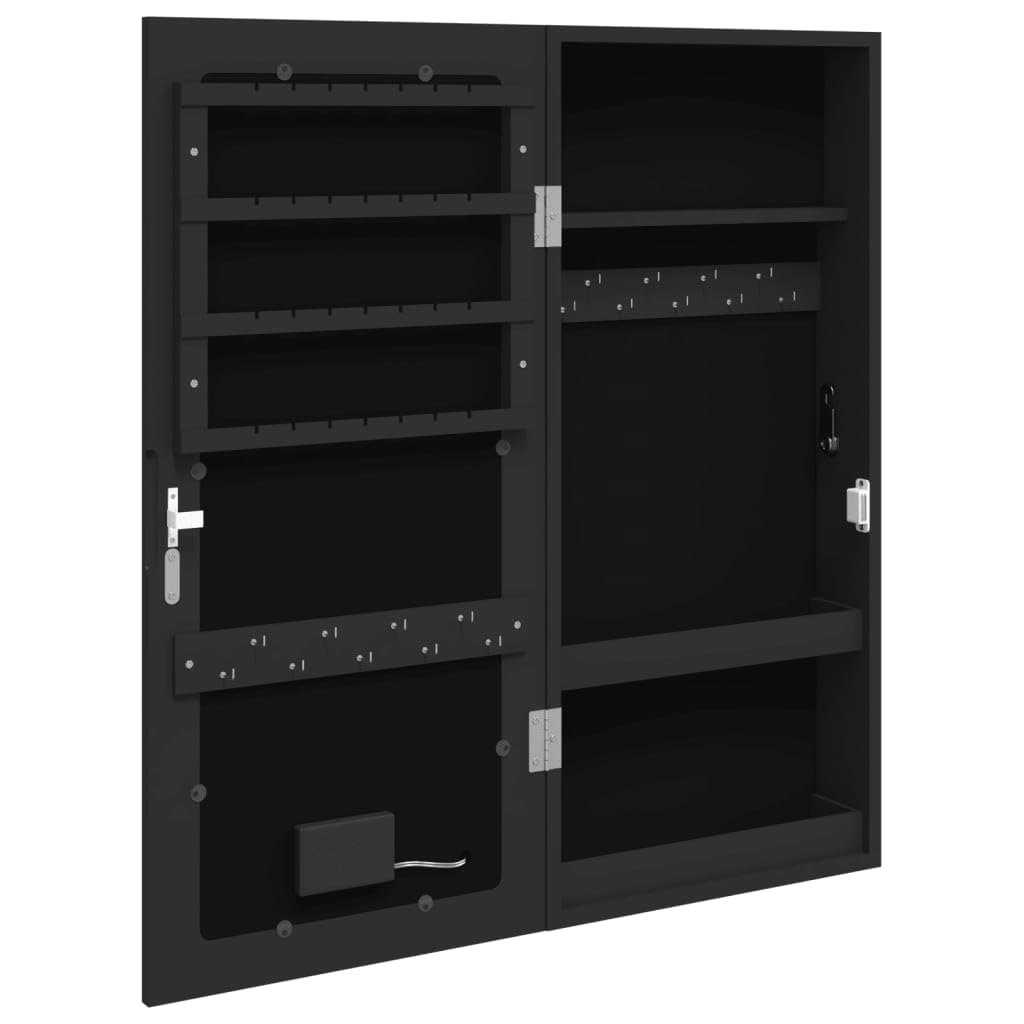 Czarna szafka na biżuterię z lustrem z oświetleniem LED, montowana na ścianie, zamykana, materiał drewnopochodny, 31,5 x 9 x 67 cm, do sypialni, łazienki, do przechowywania biżuterii