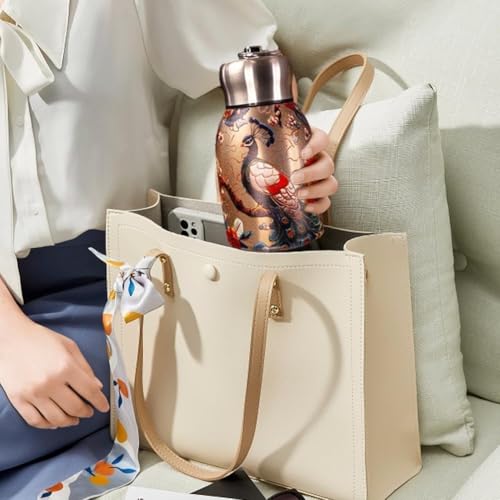 Image of Small Water Bottle 300ml, Mini Stainless Steel Drinking Bottle with Leak-Resistant Lid and Keyring, Compact Reusable Bottle for Office, School, College, Travel, Green Peacock