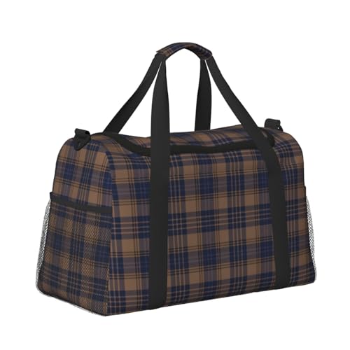 Brown Blue Tartan Plaid Lightweight Travel Duffle Bag – Spacious Overnight Bag With Mesh Side Pockets, Adjustable Strap & Reinforced Design2