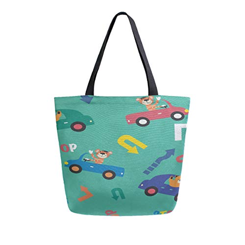 Preisvergleich Produktbild Bär fahren Auto cool tragbare große doppelseitige beiläufige Leinwand Tragetaschen Handtasche Schulter wiederverwendbare Einkaufstaschen Seesack Geldbörse Frauen Männer Lebensmittelgeschäft Reisen