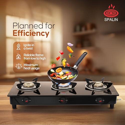 Image of 3 Burner Glass Top Gas Stove | Manual Ignition | Toughened Black Glass | ISI Certified | High Efficiency Burners | Durable & Easy Clean | Modern Kitchen Gas Stove