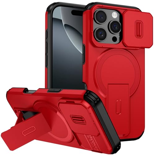 Coque iPhone 16 Pro rouge avec protège-caméra coulissant et support magnétique antichoc