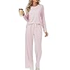 Rapbin Schlafanzug Damen Lang Pyjama Sets Rundhals Gestreift Zweiteiliger Nachtwäsche Langarm Oberteil und Schlafhose mit Taschen(Rosa-weiß gestreift M)