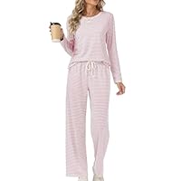 Rapbin Schlafanzug Damen Lang Pyjama Sets Rundhals Gestreift Zweiteiliger Nachtwäsche Langarm Oberteil und Schlafhose mit Taschen(Rosa-weiß gestreift M)