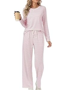 Rapbin Schlafanzug Damen Lang Pyjama Sets Rundhals Gestreift Zweiteiliger Nachtwäsche Langarm Oberteil und Schlafhose mit Taschen(Rosa-weiß gestreift M)