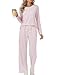 Rapbin Schlafanzug Damen Lang Pyjama Sets Rundhals Gestreift Zweiteiliger Nachtwäsche Langarm Oberteil und Schlafhose mit Taschen(Rosa-weiß gestreift M)