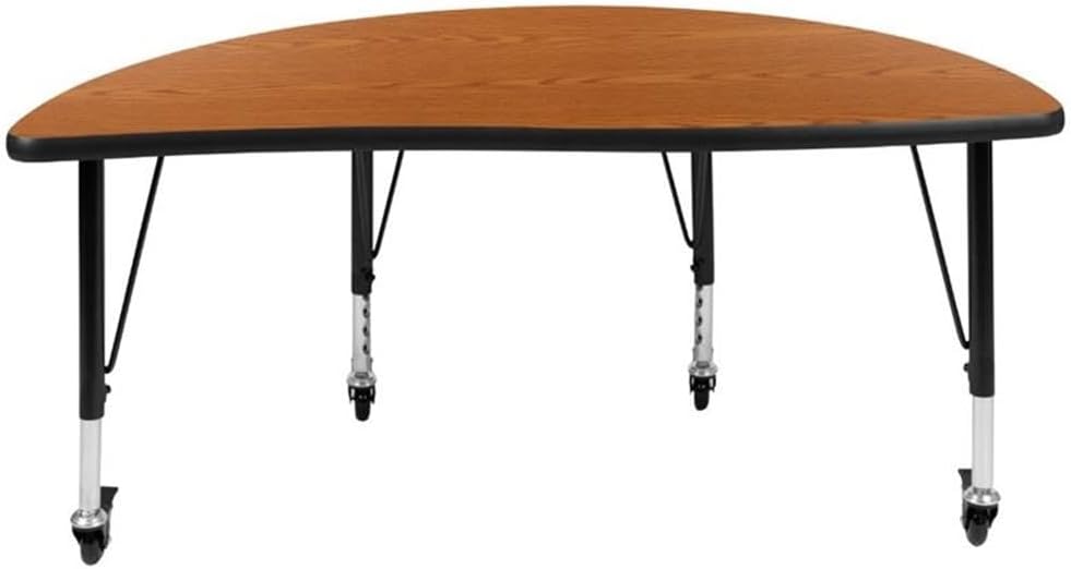 Pemberly Row Mobile Adjustable Demilune Activity Table, Oak Finish, 25" x 24" x 48", Laminate Top, Chrome and Steel Legs, Locking Casters, Preschool to 2nd Grade Use, Classroom, Playroom, Home School