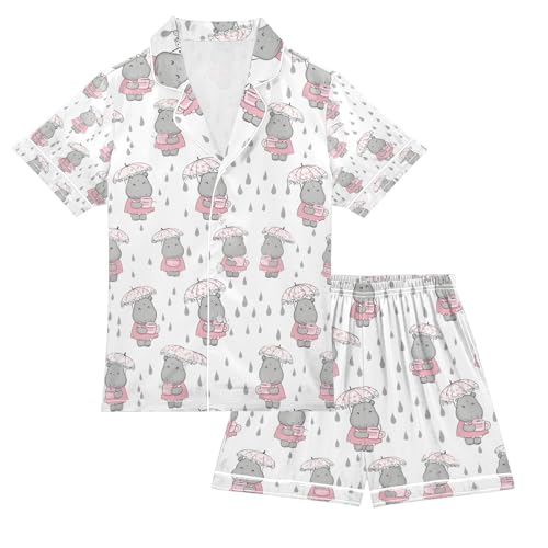 senya Cute Hippopotamus Rain Satin Summer Pajama Sets Silk Short Sleeve Button Down Sleepwear