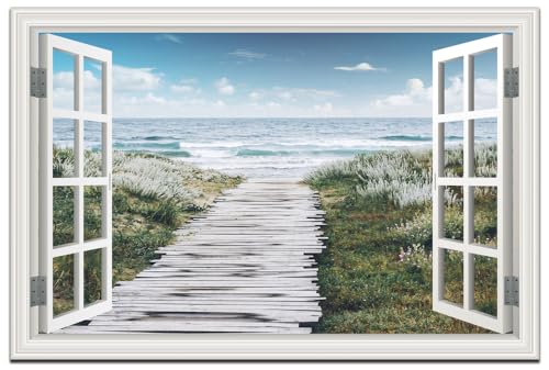 Ocean Canvas Wall Art Decor for Living Room Beach Flowers Path Pictures for Bedroom White Fake Window Frame Style Seascape Painting Extra Large Blue Coastal Landscape Art Print Hone Office Kitchen Basement Decorations 32" x 48"inch