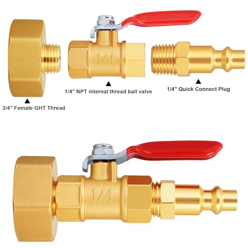 Image of SIGURANTA RV Winterize /Winterization Blowout Adapter - Brass with Ball Valve, 1 /4 inch Male Quick Connect to 3 /4 inch Female GHT Garden Hose Thread