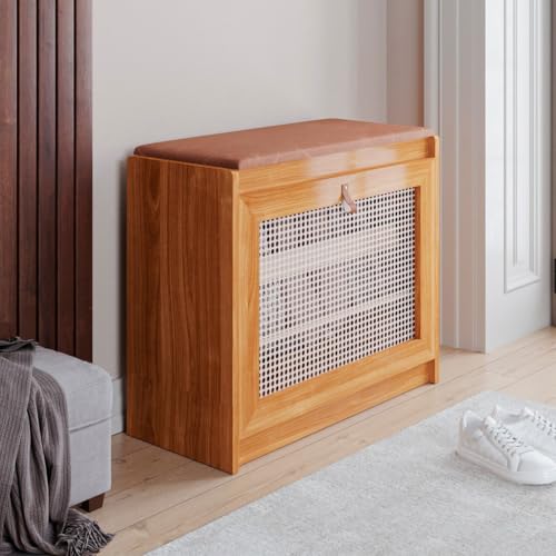 Sapateira Banco Com Assento Em Corino Marrom Porta Basculante Madeira