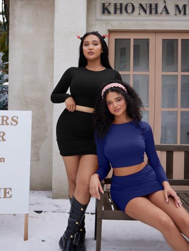 Image of LAGSHIAN Women Sexy 2 Piece Outfits Long Sleeve Crop Top Bodycon Mini Skirt Club Suits Dress