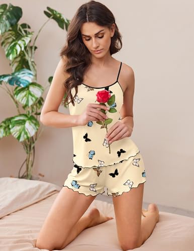 Image of Ekouaer 2 Pack Womens Cami Pajama Sets Cute Print Tank Top Pjs and Shorts Camisole Lounge Set