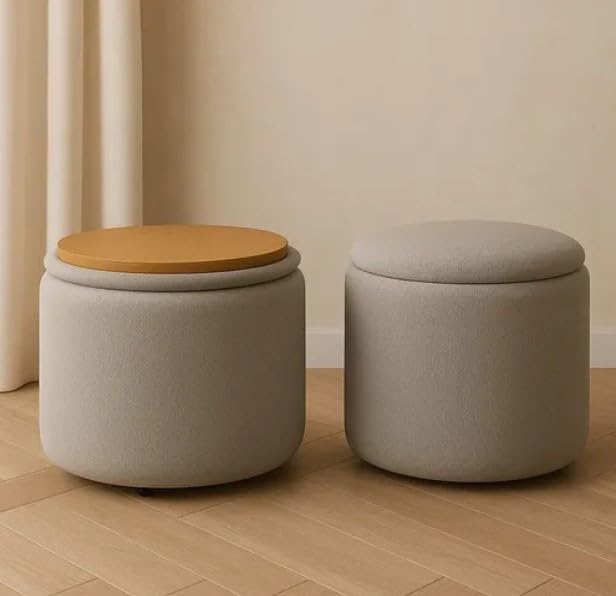 Puff Redondo com Tampa, Cinza Estofado, Armazenamento Interno, Design Moderno