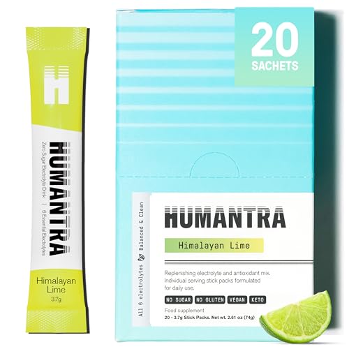 Humantra Electrolytes Powder - Himalayan Lime Flavor, 20x 3.66g Sachet. Net wt. 73.2g - Powdered Hydration Sachets - Plant-Based Electrolyte Powder with 6 Electrolytes - Vegan, Sugar Free, Gluten Free